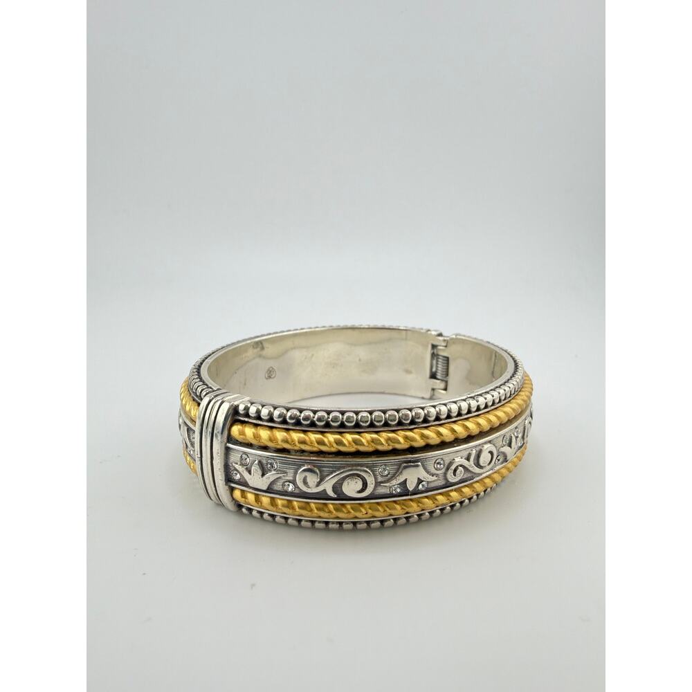 Vintage Brighton "Unity" Two Tone Embossed Silver Gold Rope Hinged Cuff Bracelet - Picture 3 of 5